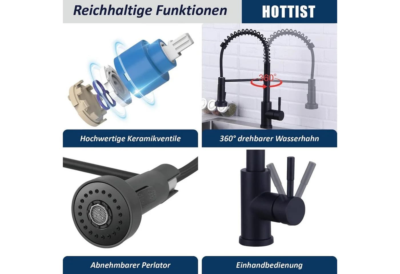 Athlix Küchenarmatur Wasserhahn Schwarz 360° schwenkbar mit Brause - Bild 3