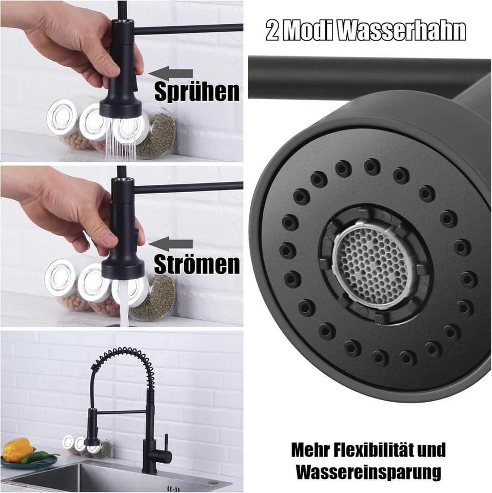 Athlix Küchenarmatur Wasserhahn Schwarz 360° schwenkbar mit Brause - Bild 4