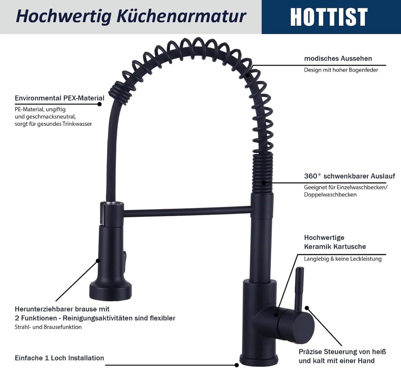 Athlix Küchenarmatur Wasserhahn Schwarz 360° schwenkbar mit Brause - Bild 5