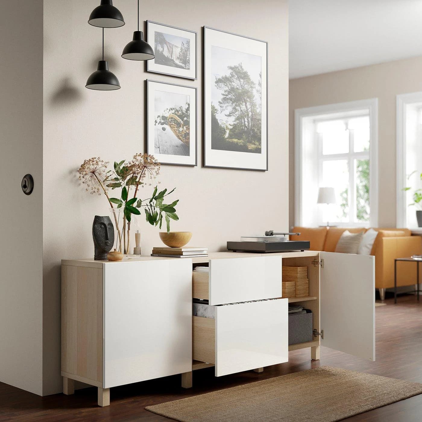 IKEA BESTÅ Sideboard mit Schubladen Weiß Hochglanz Eicheffekt