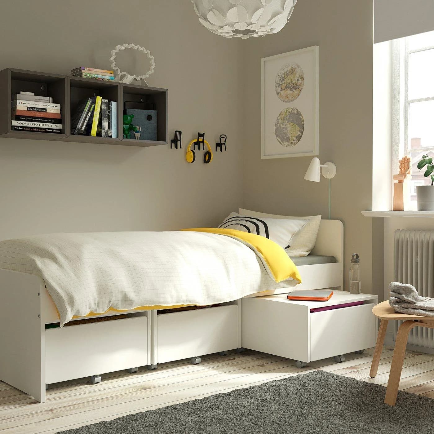 IKEA SLÄKT Bettgestell mit 3 Aufbewahrungsboxen Weiß