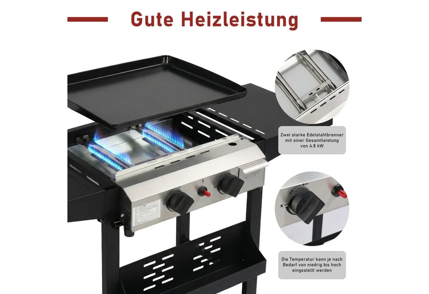 LALAHO Gasgrill Grillwagen 2 Brenner Schwarz Edelstahl - Bild 5