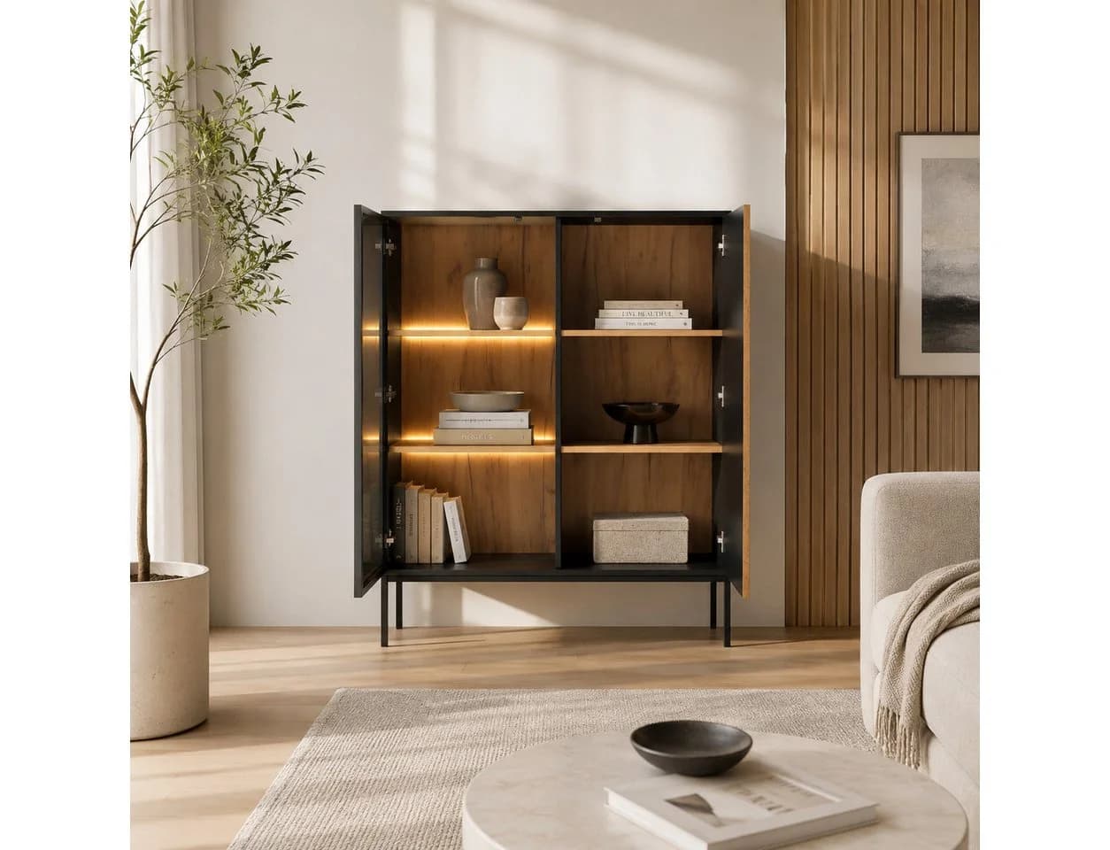 Goldstoff NeoLoft Vitrine LED Glasfront Push-to-Open Schwarz/Eiche - Bild 4