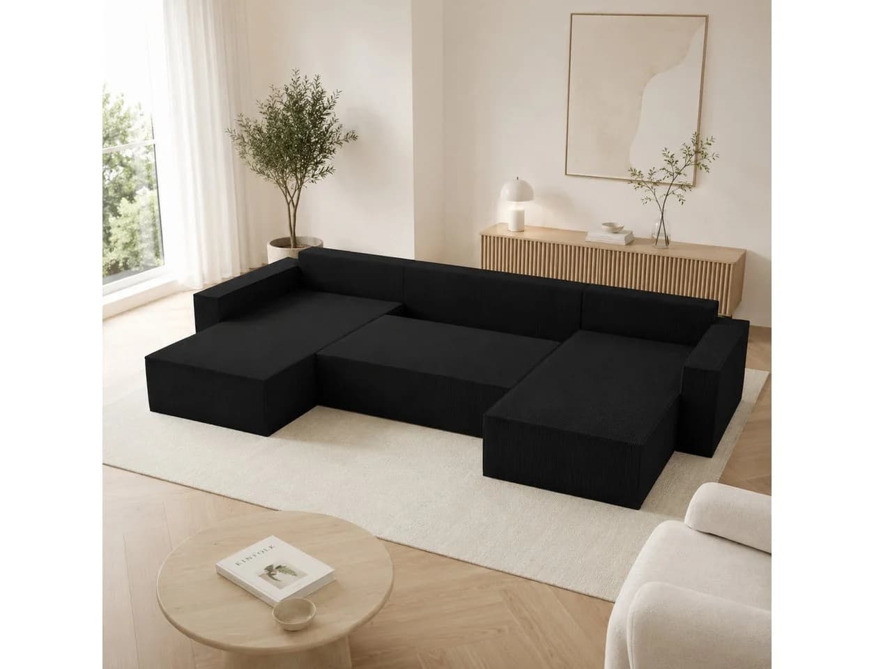 Goldstoff Amalia U-Ecksofa Cord Beige mit Schlaffunktion & Bettkasten