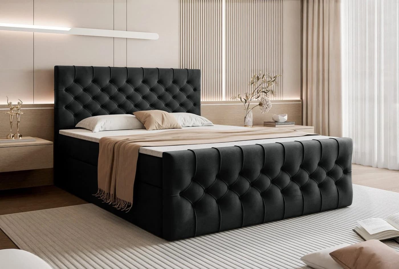 Goldstoff Boxspringbett TAURIEL Schwarz Velvet mit Stauraum - Bild 2