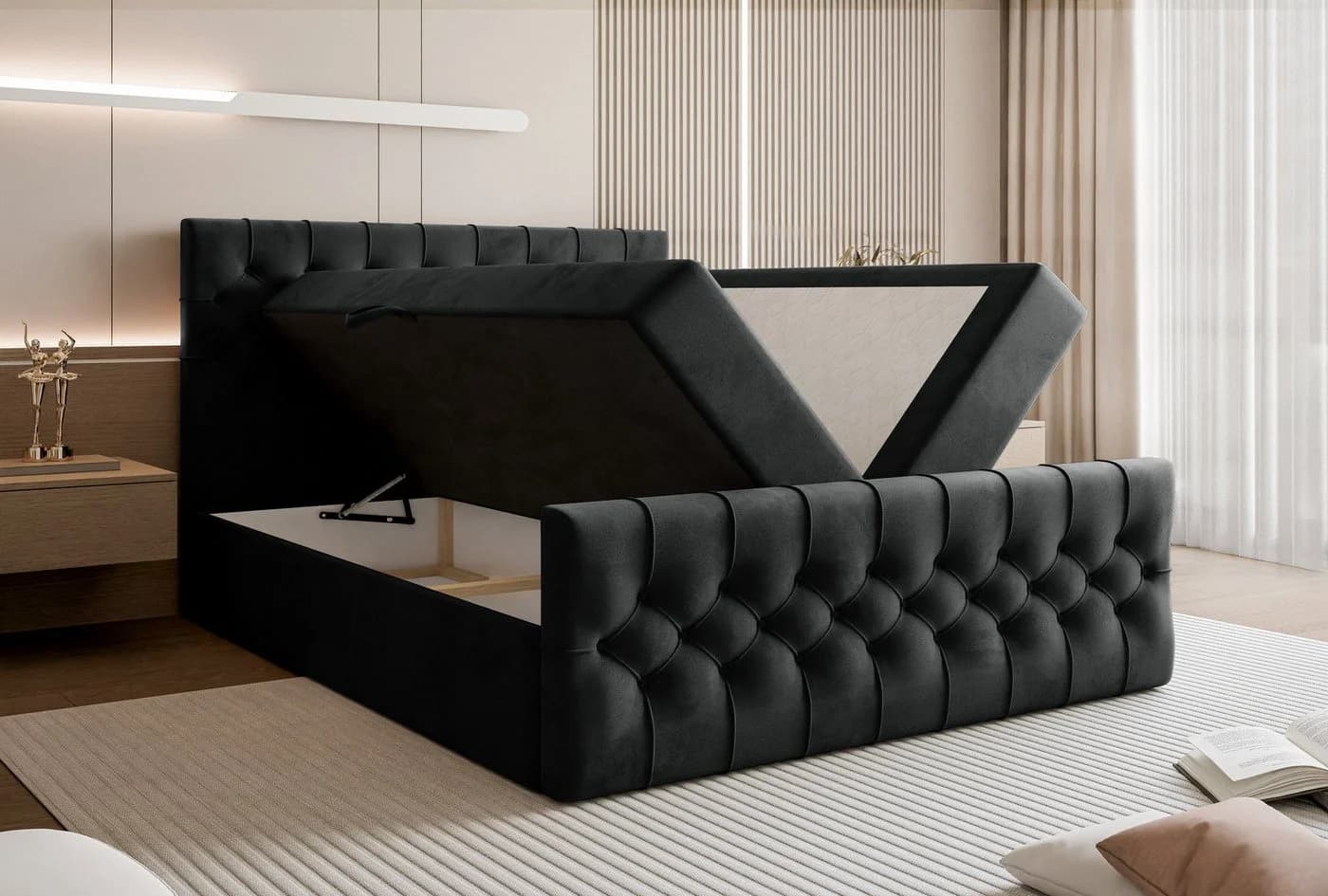 Goldstoff Boxspringbett TAURIEL Schwarz Velvet mit Stauraum - Bild 5