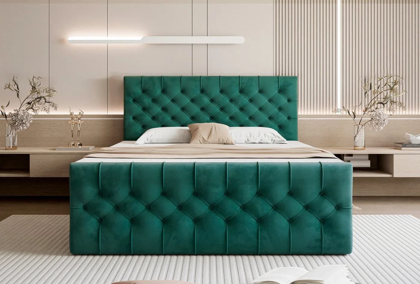Goldstoff Boxspringbett TAURIEL mit Stauraum und Matratze in Grün Velvet
