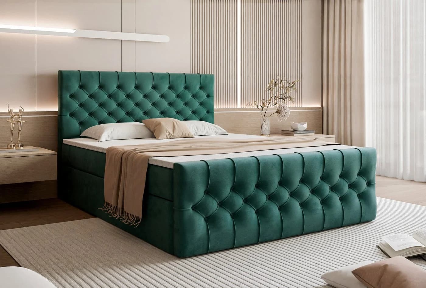 Goldstoff Boxspringbett TAURIEL mit Stauraum und Matratze in Grün Velvet - Bild 2
