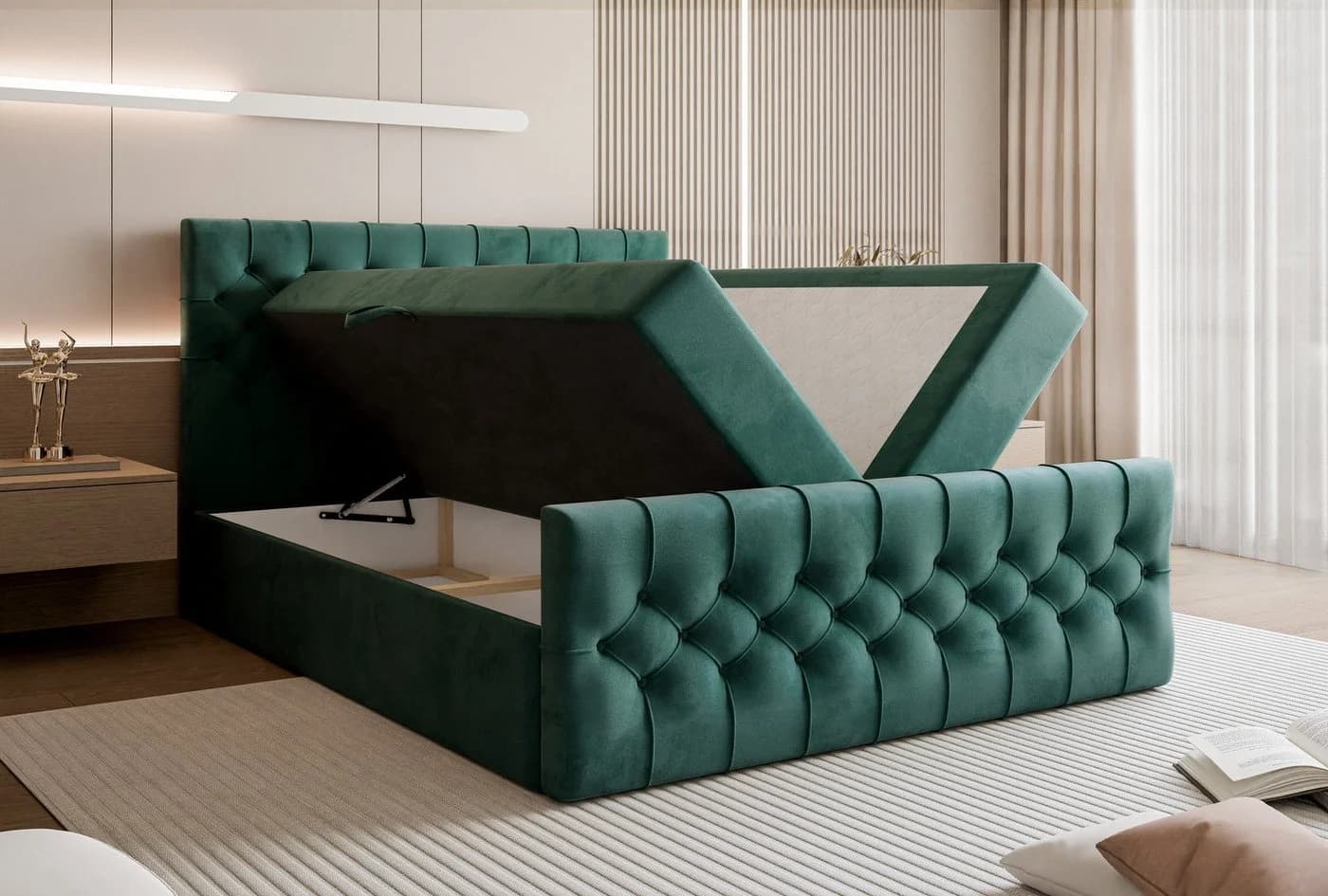 Goldstoff Boxspringbett TAURIEL mit Stauraum und Matratze in Grün Velvet - Bild 4