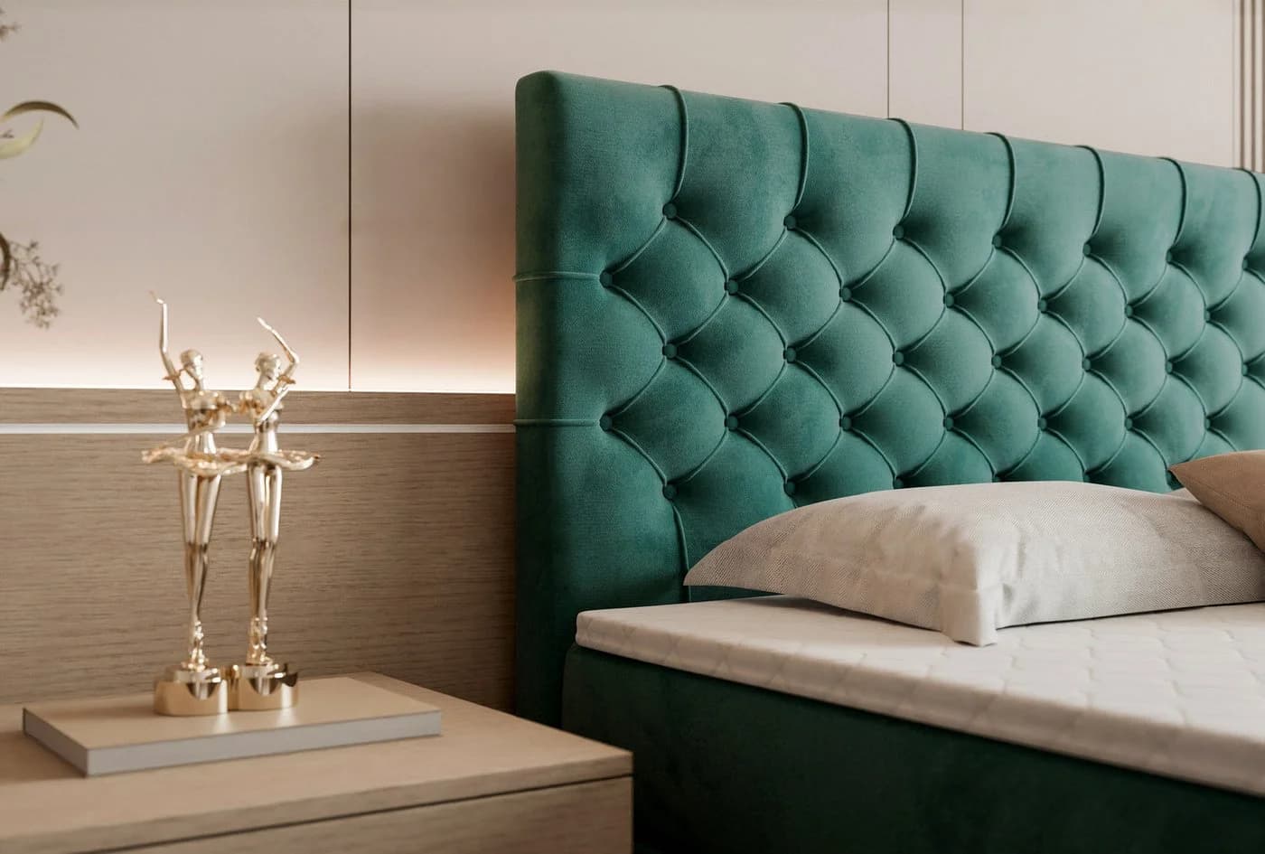 Goldstoff Boxspringbett TAURIEL mit Stauraum und Matratze in Grün Velvet - Bild 5