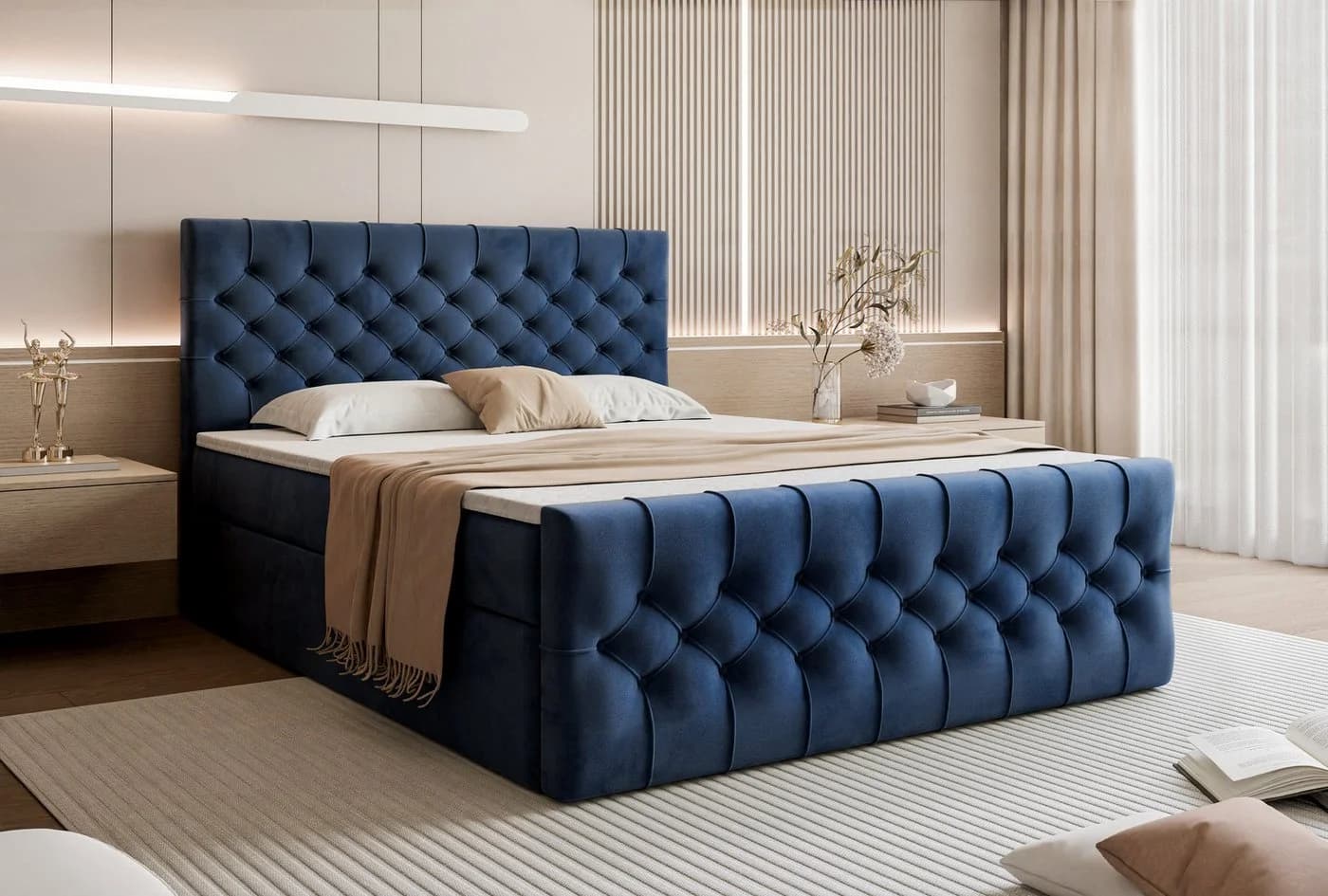 Goldstoff Boxspringbett TAURIEL Dunkelblau Velvet mit Stauraum - Bild 4