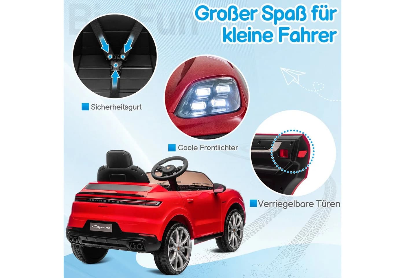 LALAHO Elektro-Kinderauto Porsche Cayenne Geländewagen Fernsteuerung 2,4G MP3 Musik Hupe LED-Leuchten - Bild 4