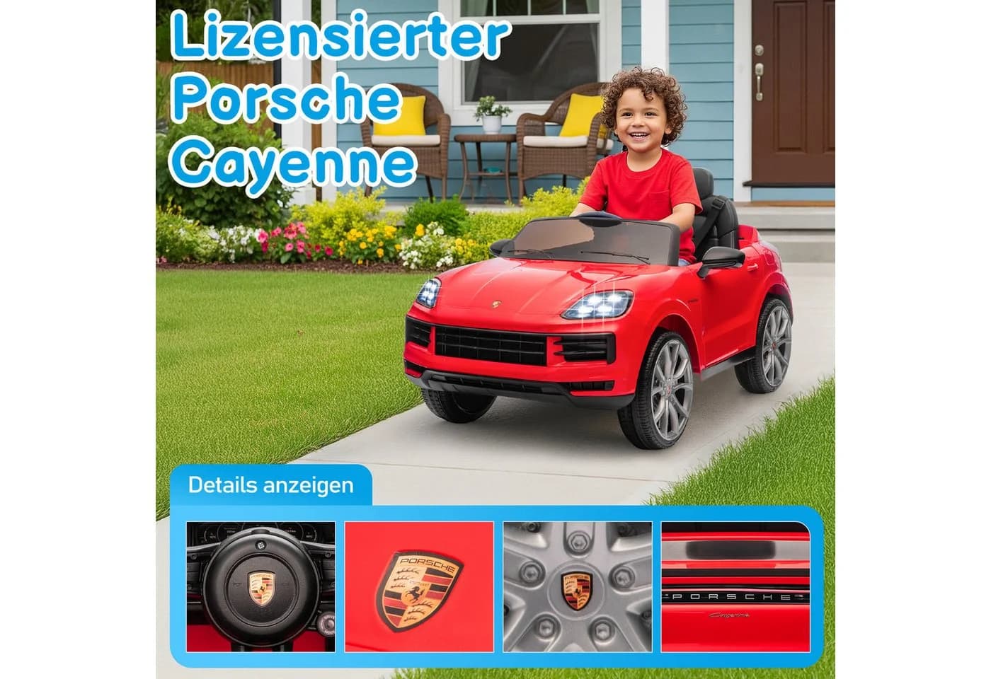 LALAHO Elektro-Kinderauto Porsche Cayenne Geländewagen Fernsteuerung 2,4G MP3 Musik Hupe LED-Leuchten - Bild 5