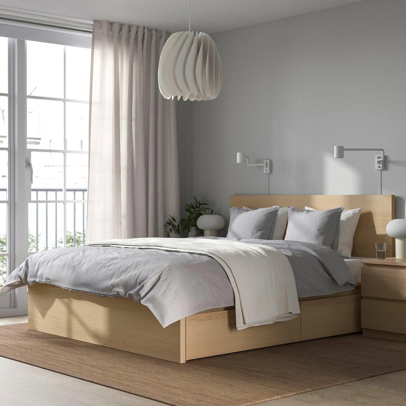 IKEA MALM Bettgestell hoch mit 2 Schubladen Weiß Eichenfurnier
