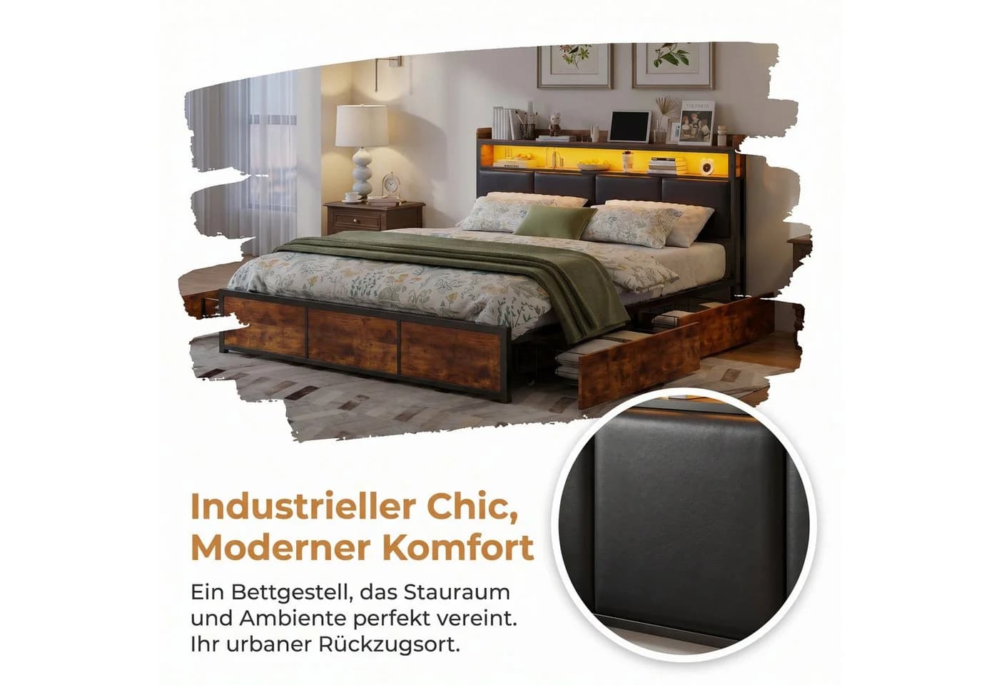 ADWOLT Polsterbett Braun mit LED Beleuchtung und 4 Schubladen - Bild 3