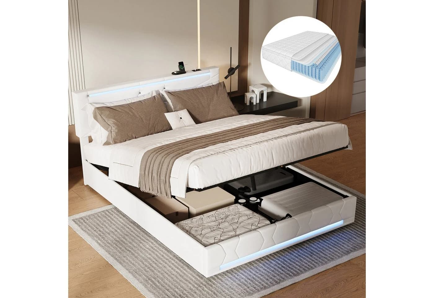 ADWOLT Polsterbett 160x200 mit LED, Ladefunktion & Bettkasten Beige - Bild 2