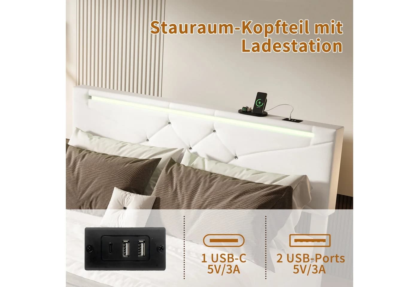 ADWOLT Polsterbett 160x200 mit LED, Ladefunktion & Bettkasten Beige - Bild 3