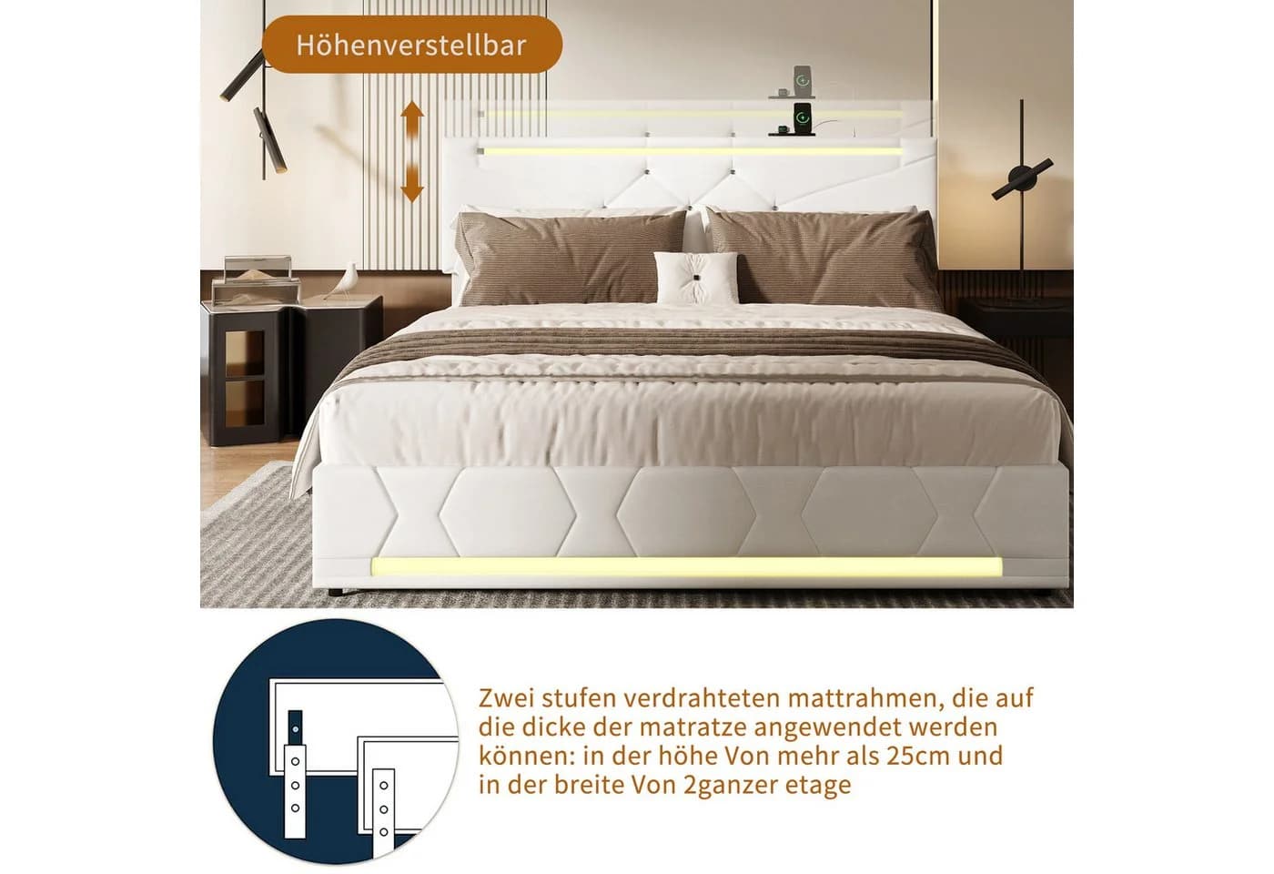 ADWOLT Polsterbett 160x200 mit LED, Ladefunktion & Bettkasten Beige - Bild 4
