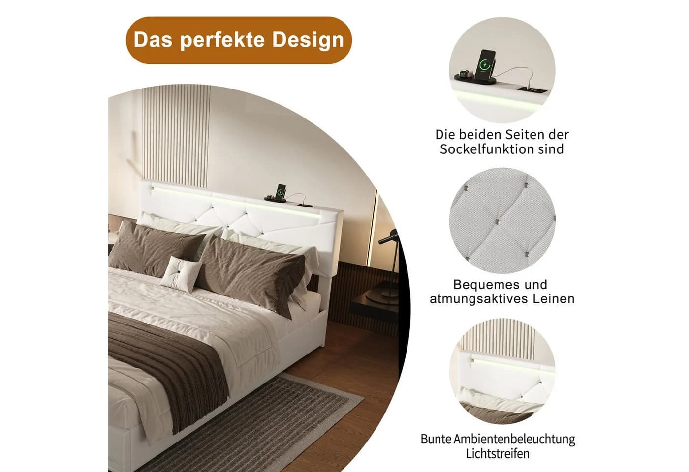 ADWOLT Polsterbett 160x200 mit LED, Ladefunktion & Bettkasten Beige - Bild 5