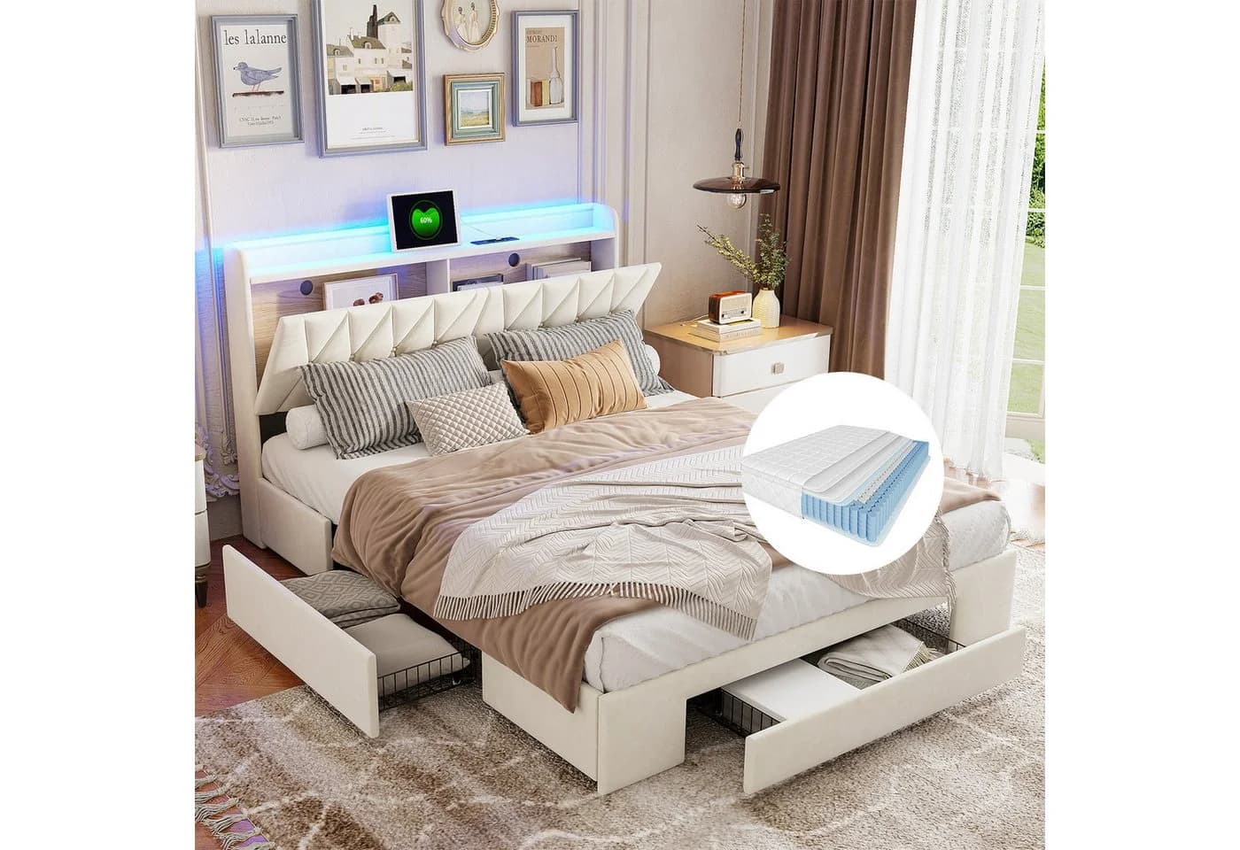ADWOLT Polsterbett Beige mit LED, Stauraum & USB - Bild 2
