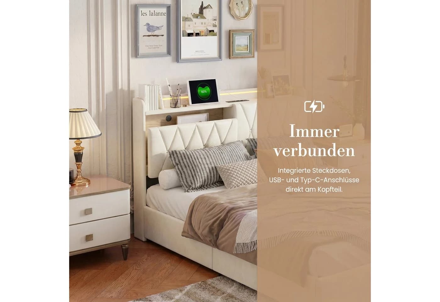 ADWOLT Polsterbett Beige mit LED, Stauraum & USB - Bild 4