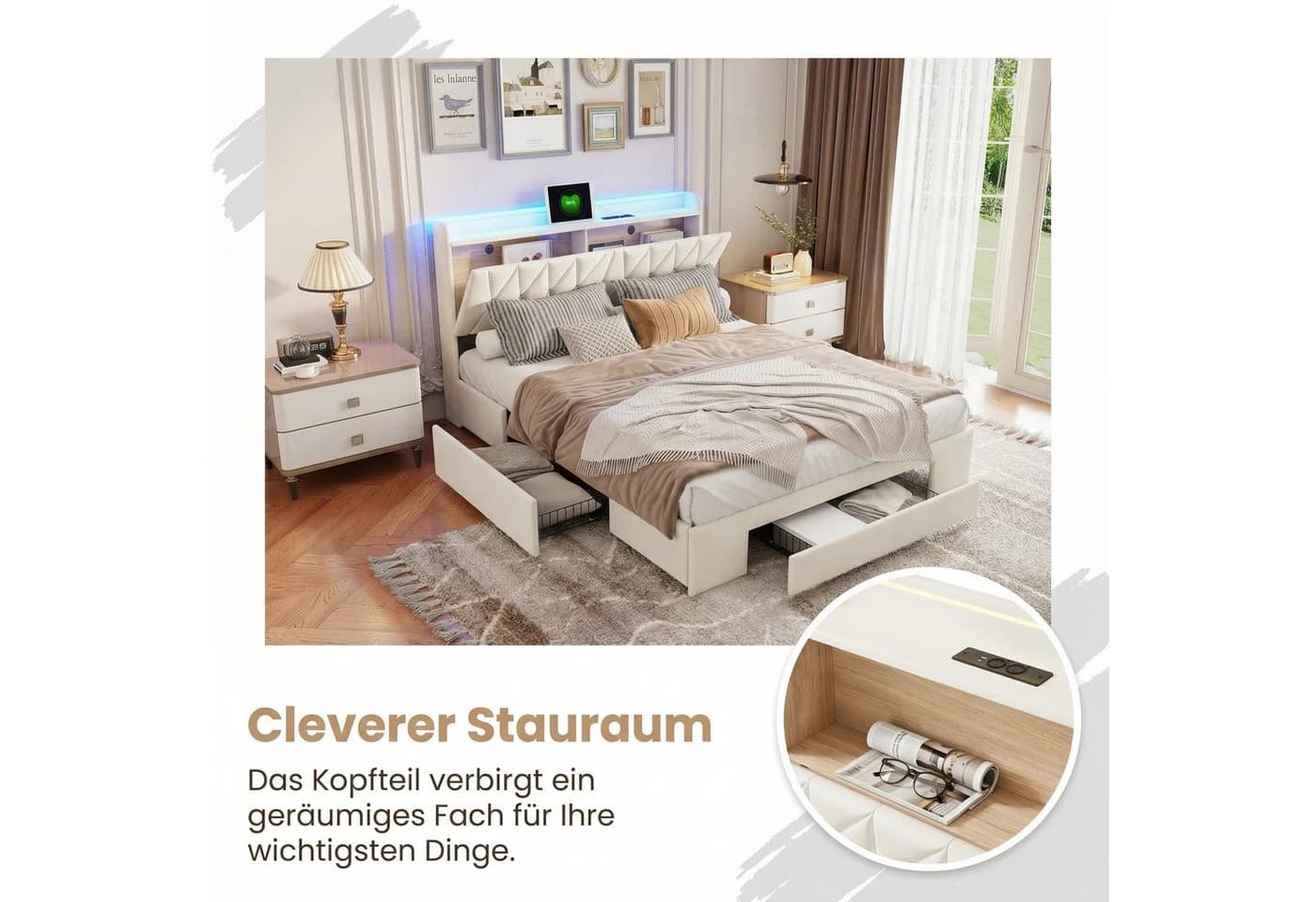 ADWOLT Polsterbett Beige mit LED, Stauraum & USB - Bild 5