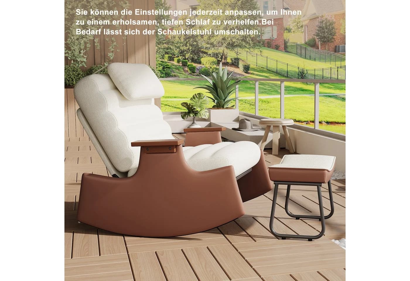 FUROKOY Schaukelstuhl Relaxsessel mit Hocker Cord Beige - Bild 5