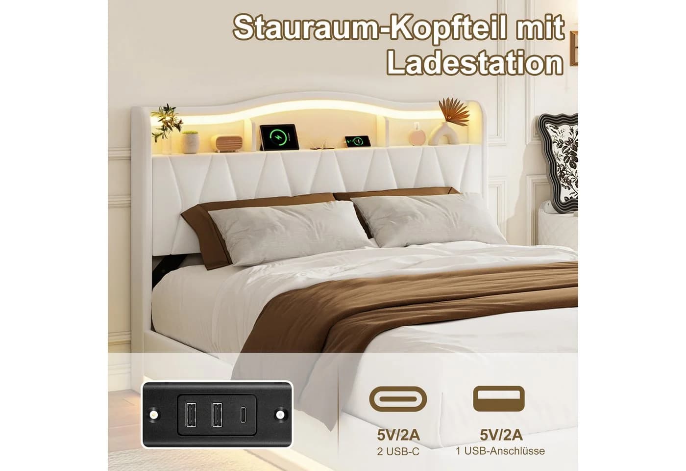 ADWOLT Polsterbett Beige Samt mit LED Licht und Ladefunktion