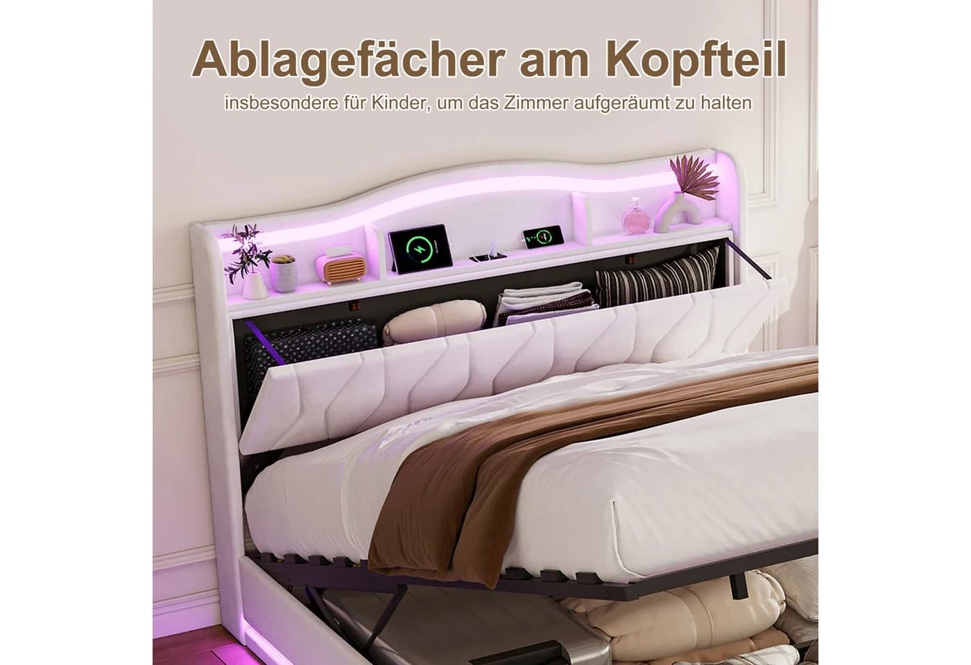 ADWOLT Polsterbett Beige Samt mit LED Licht und Ladefunktion - Bild 3