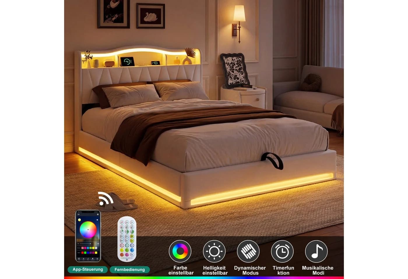 ADWOLT Polsterbett Beige Samt mit LED Licht und Ladefunktion - Bild 4