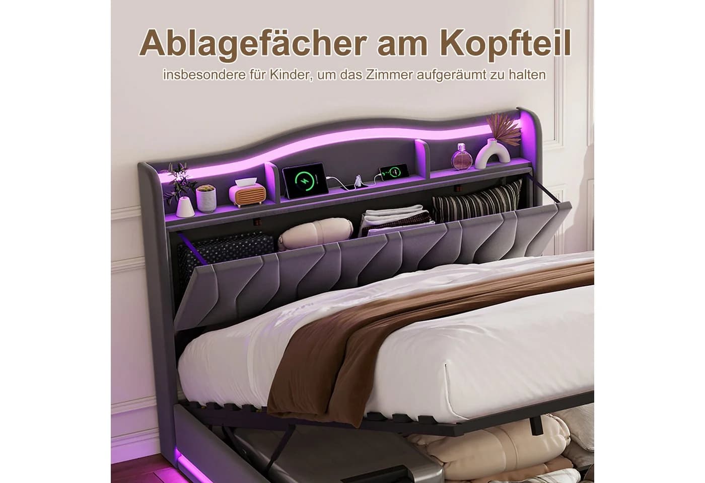 ADWOLT Polsterbett Grau Samt mit LED Licht & USB-Ladefunktion - Bild 3