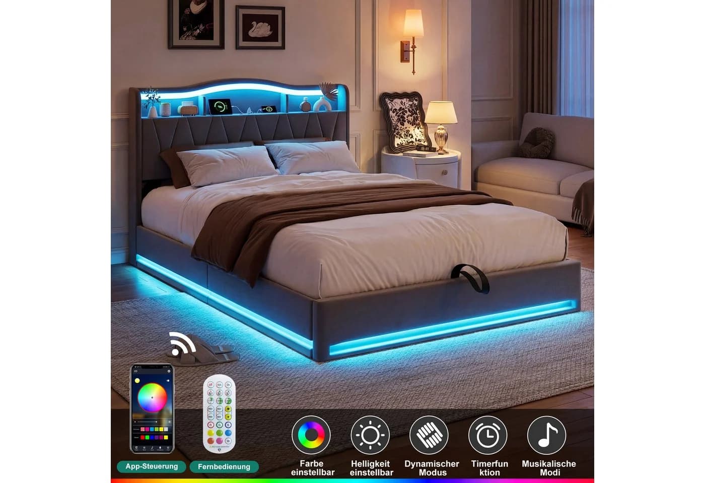 ADWOLT Polsterbett Grau Samt mit LED Licht & USB-Ladefunktion - Bild 4