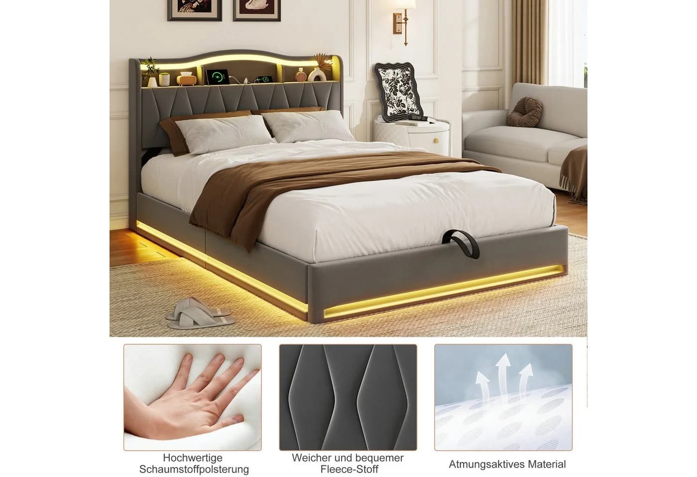 ADWOLT Polsterbett Grau Samt mit LED Licht & USB-Ladefunktion - Bild 5