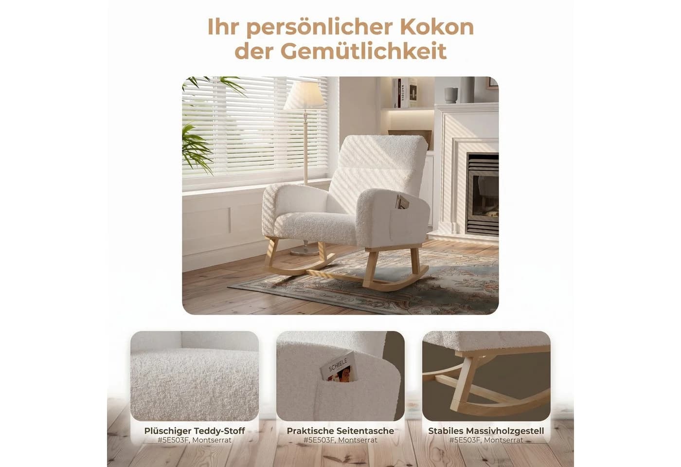 BELUPAI Schaukelstuhl Weiß Massivholz Teddystoff mit Seitentaschen