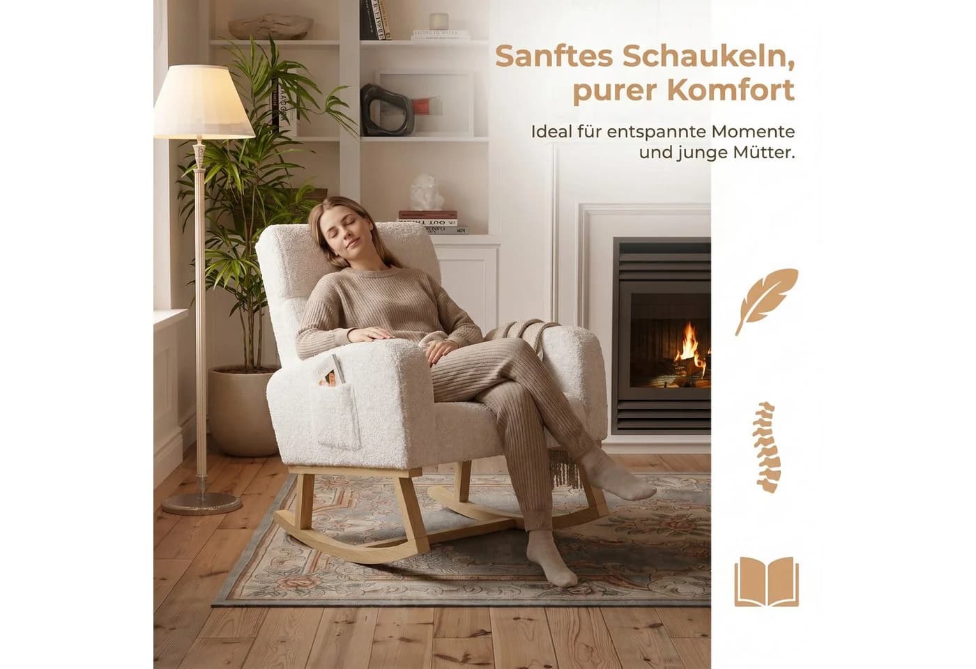 BELUPAI Schaukelstuhl Weiß Massivholz Teddystoff mit Seitentaschen - Bild 3