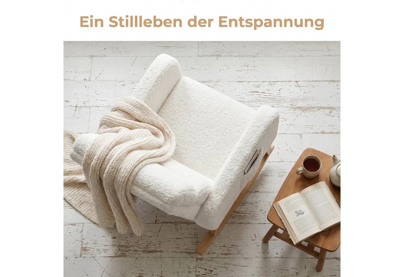 BELUPAI Schaukelstuhl Weiß Massivholz Teddystoff mit Seitentaschen - Bild 4