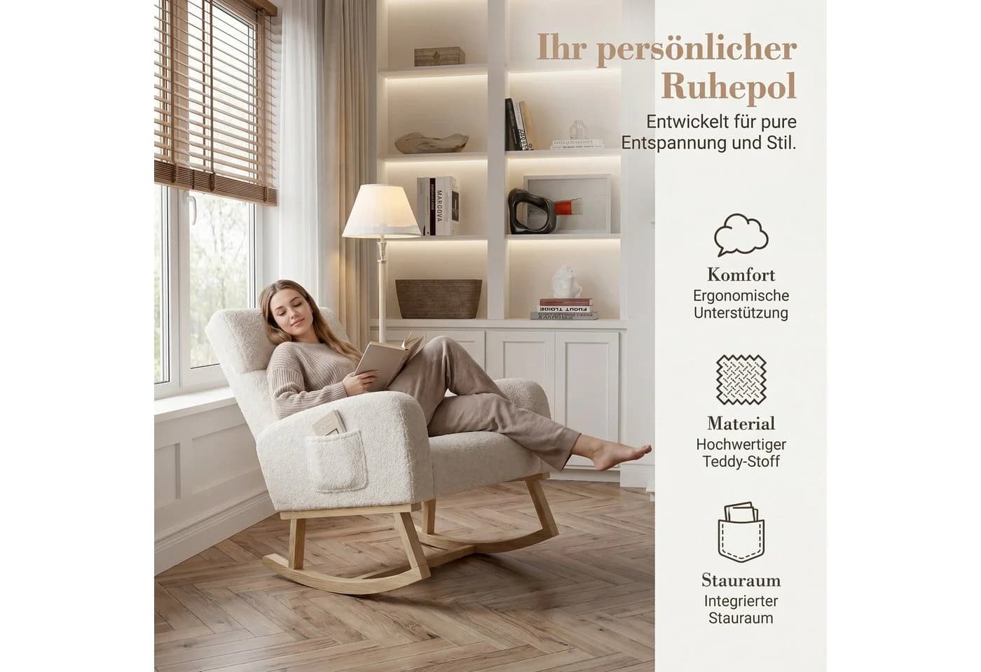 BELUPAI Schaukelstuhl Beige Teddystoff mit Massivholzfüßen - Bild 3