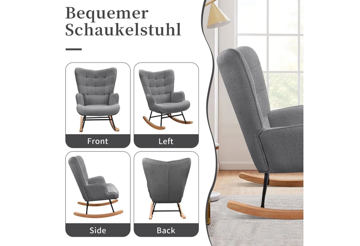 BELUPAI Schaukelstuhl Dunkelgrau mit Massivholzfüßen - Bild 3