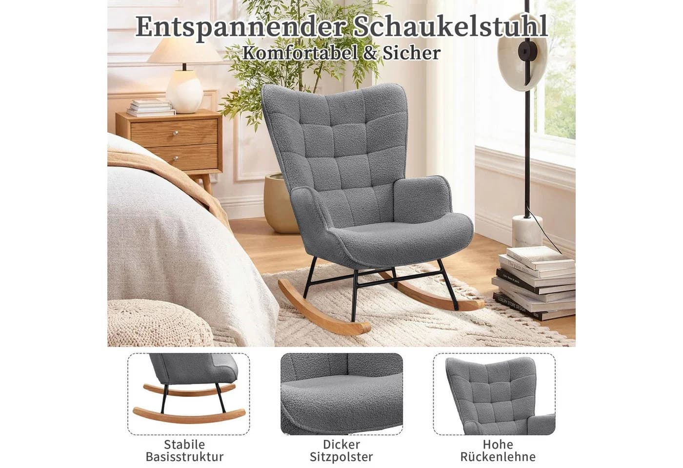 BELUPAI Schaukelstuhl Dunkelgrau mit Massivholzfüßen - Bild 4