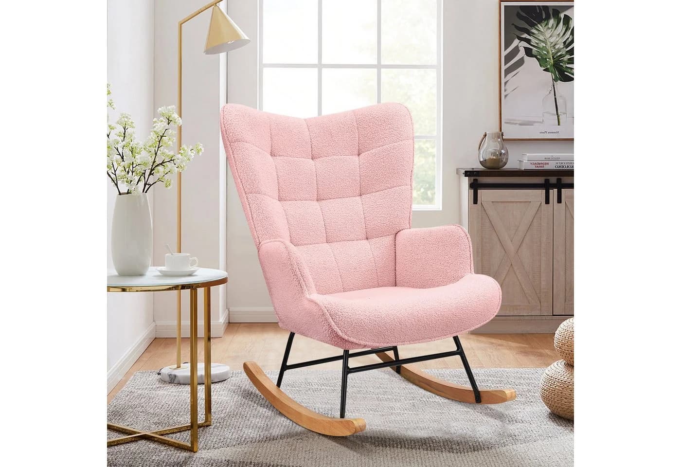 BELUPAI Schaukelstuhl Rosa mit Massivholzfüßen und Metallgestell - Bild 2