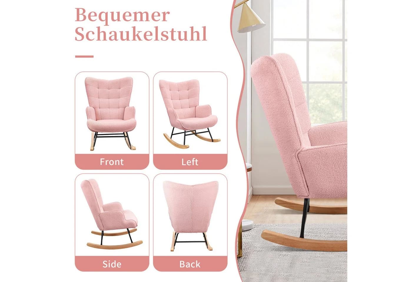 BELUPAI Schaukelstuhl Rosa mit Massivholzfüßen und Metallgestell - Bild 3