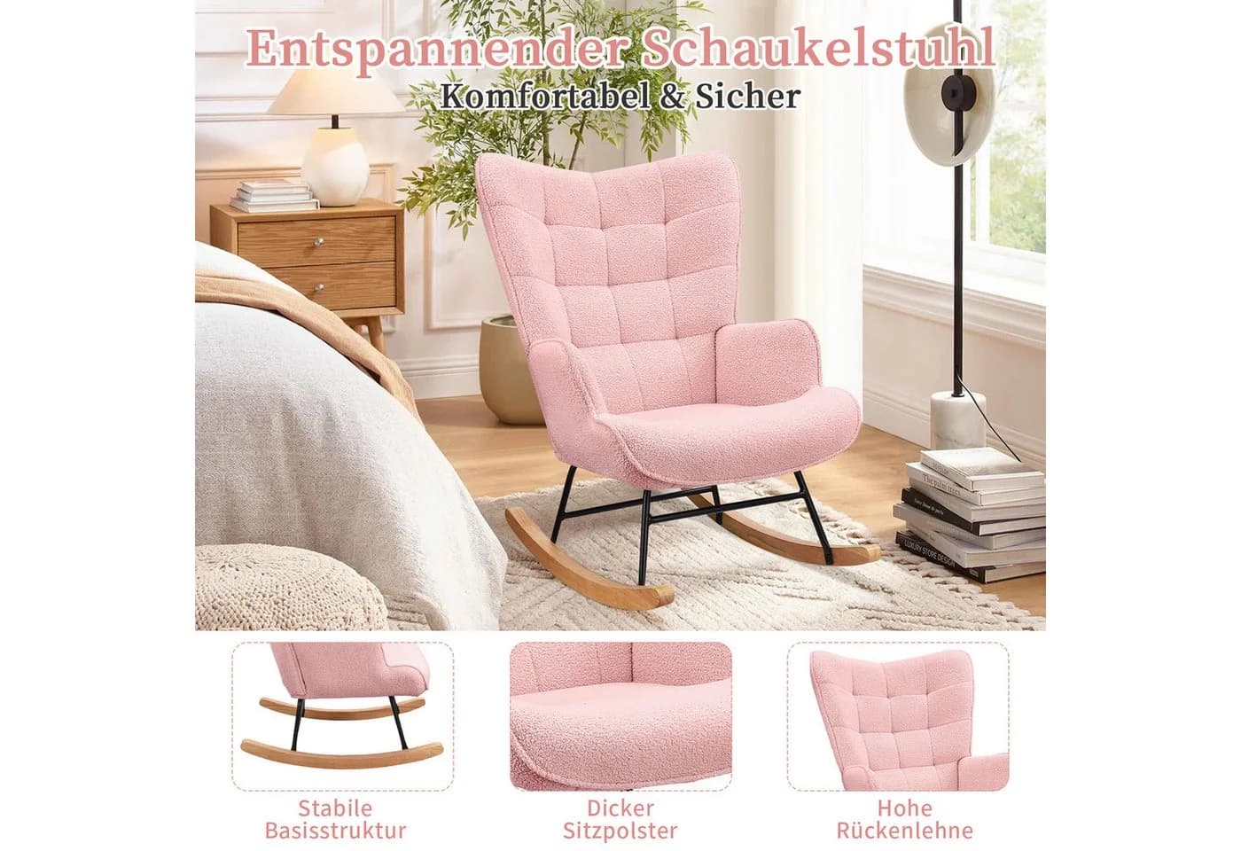 BELUPAI Schaukelstuhl Rosa mit Massivholzfüßen und Metallgestell - Bild 4
