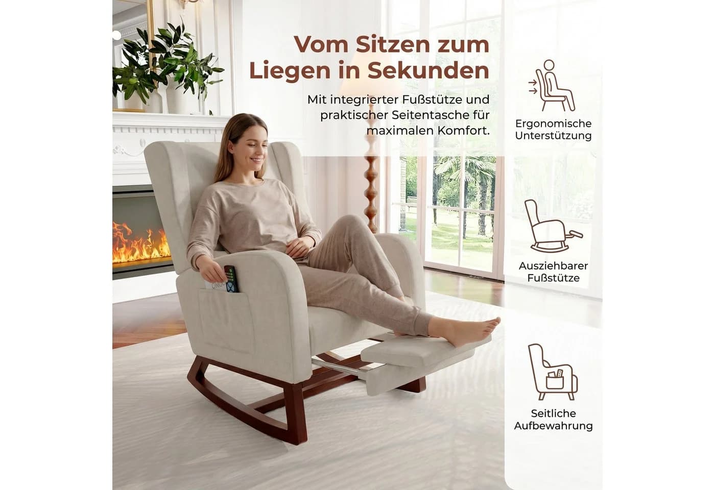 BELUPAI Schaukelstuhl Beige mit Fußstütze & Leinenbezug - Bild 3