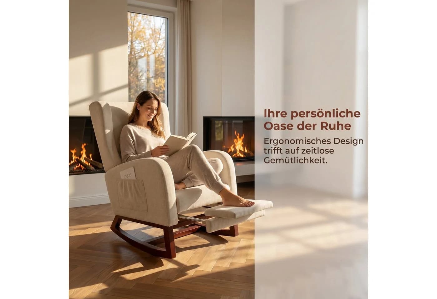 BELUPAI Schaukelstuhl Beige mit Fußstütze & Leinenbezug - Bild 4