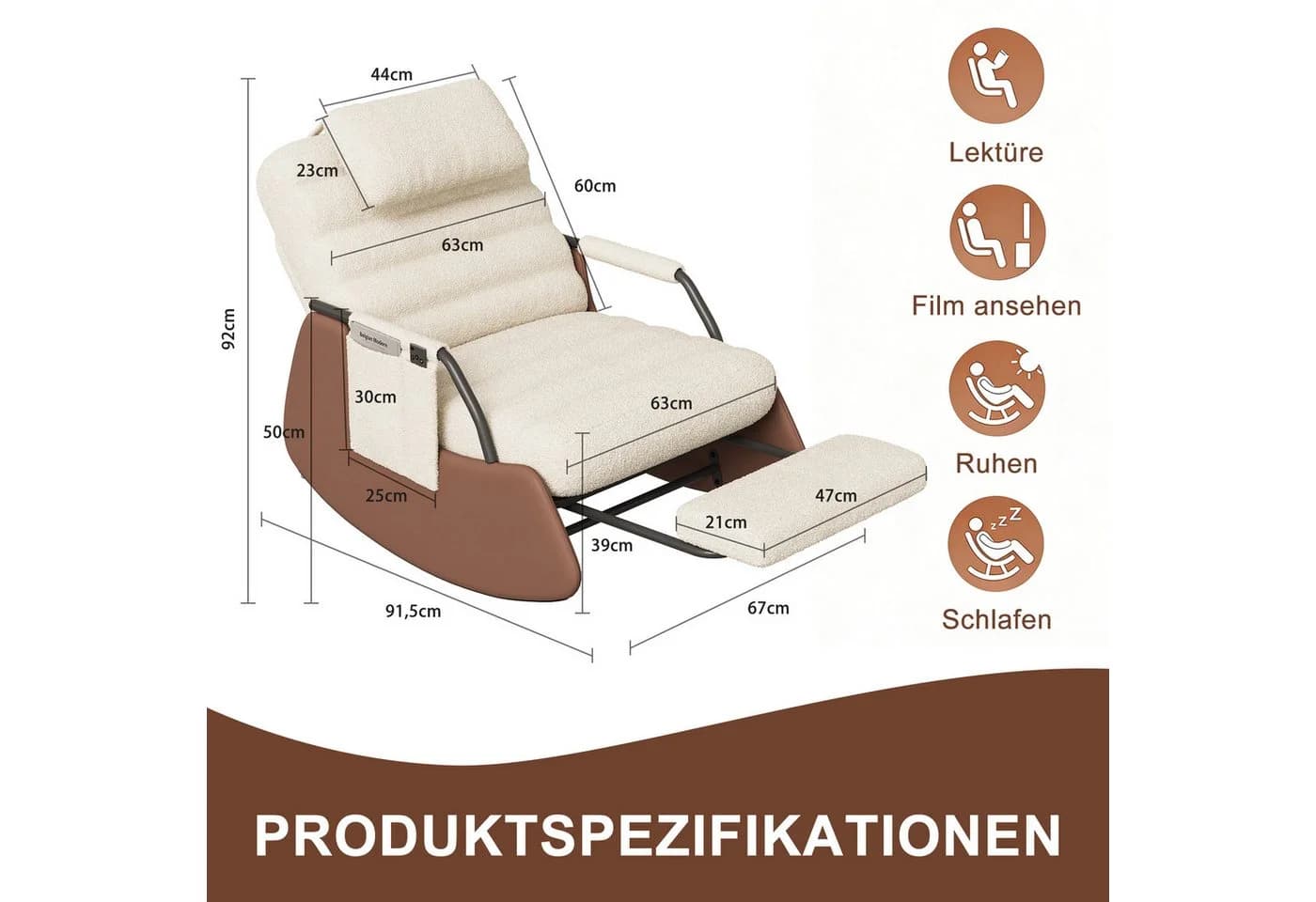 BELUPAI Schaukelstuhl Beige mit Fußstütze und verstellbarer Rückenlehne
