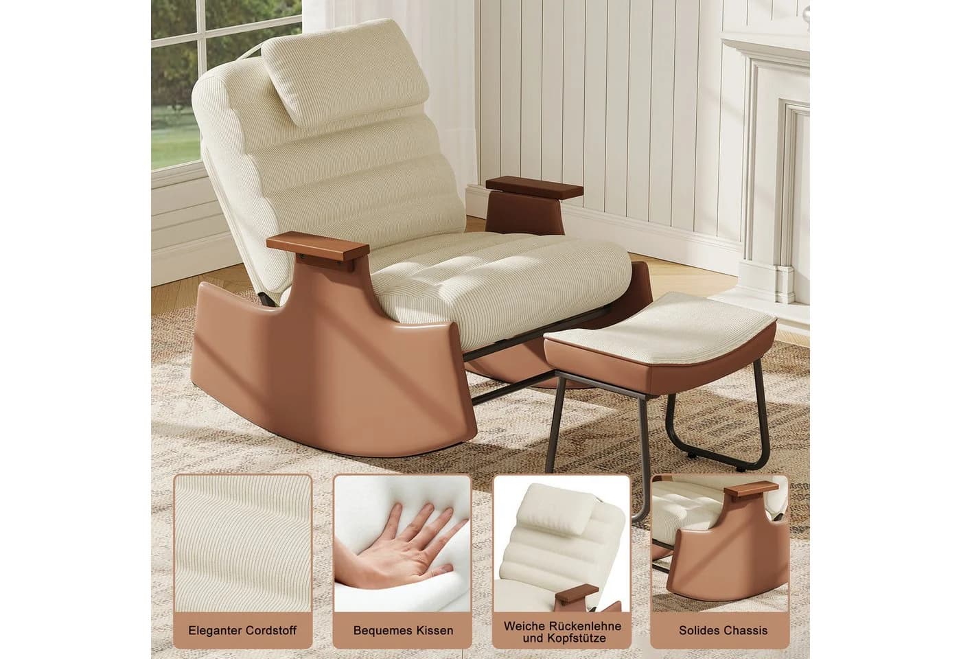 BELUPAI Schaukelstuhl mit Hocker Beige 3-stufig verstellbar - Bild 3