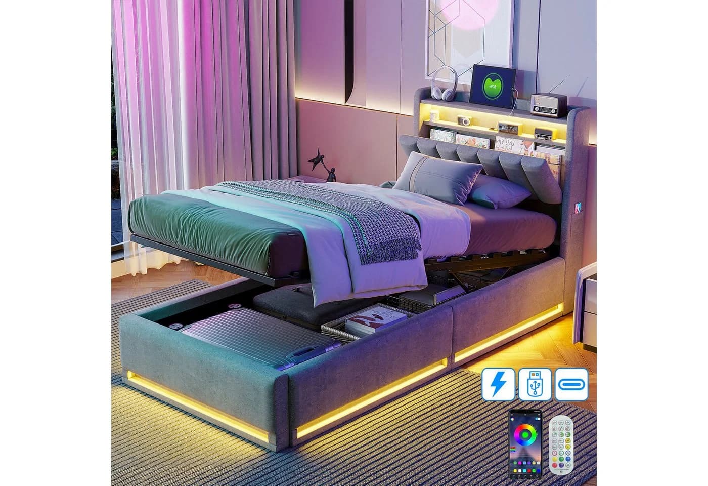 ADWOLT Polsterbett Grau mit LED-Beleuchtung und Stauraum - Bild 2