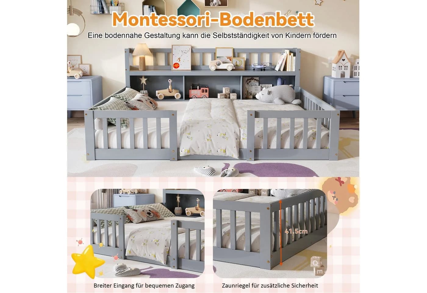 FUROKOY Kinderbett Bodenbett Grau mit Rausfallschutz und Stauraum