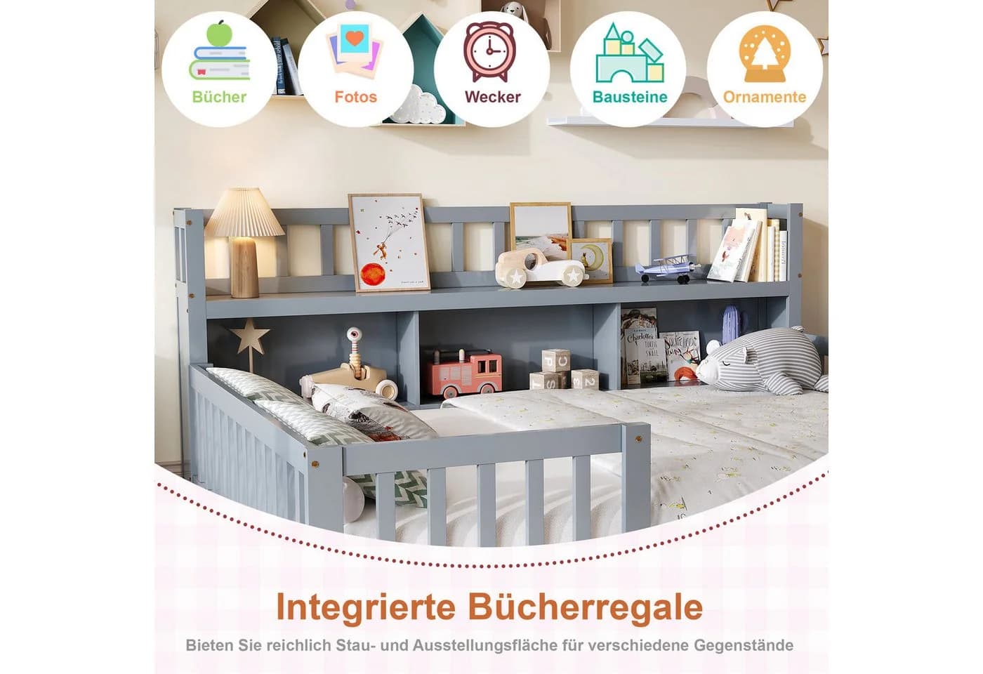 FUROKOY Kinderbett Bodenbett Grau mit Rausfallschutz und Stauraum - Bild 3