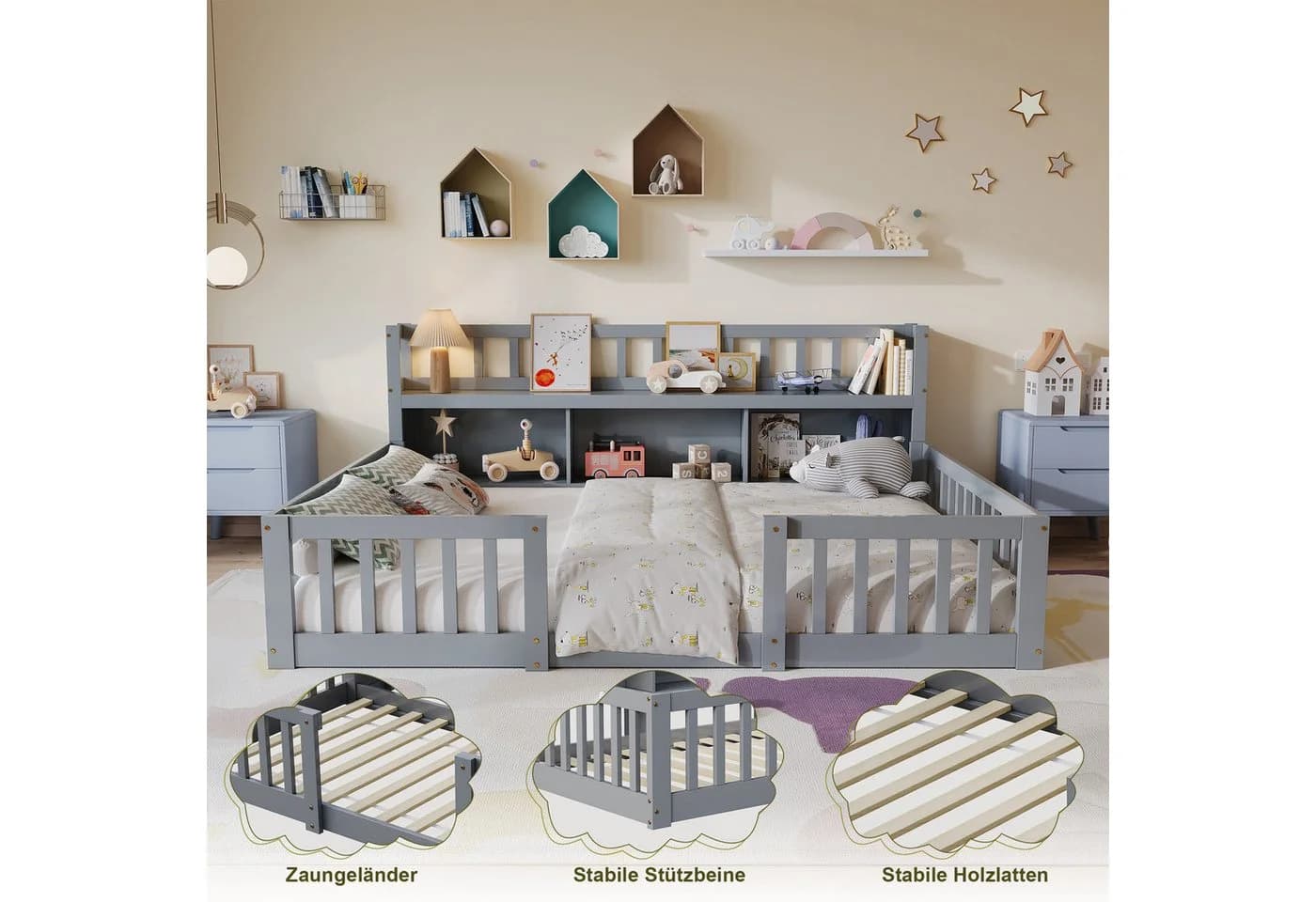 FUROKOY Kinderbett Bodenbett Grau mit Rausfallschutz und Stauraum - Bild 4